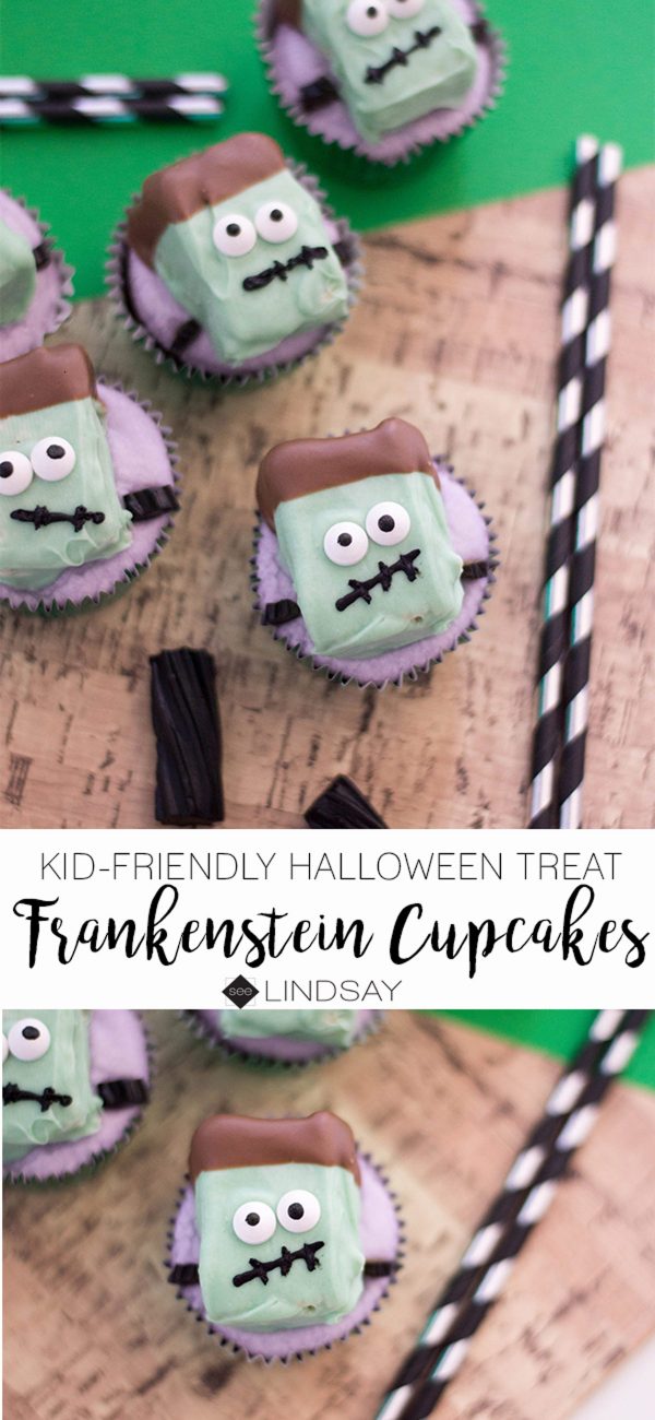 Create this kid-friendly Halloween recipe by making these freaky Frankenstein Cupcakes. Perfect for any Halloween dessert table. #halloween #halloweenfood