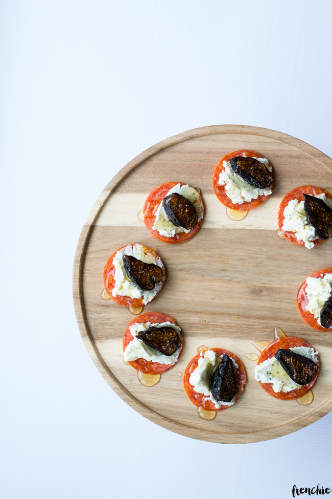 Make these amazing Pepperoni, Goat Cheese and Fig appetizers. Perfect for a cocktail party or a night in. Only on seelindsay.com