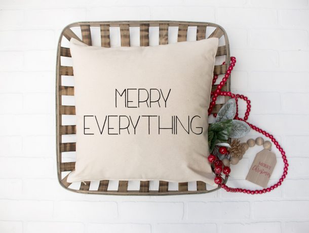 Christmas farmhouse pillow that says merry everything