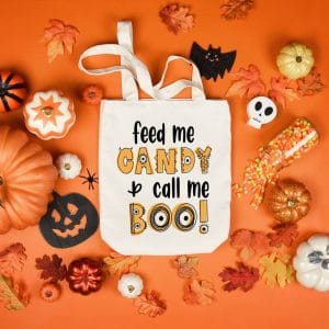 homemade halloween candy tote that says feed me candy and call me boo