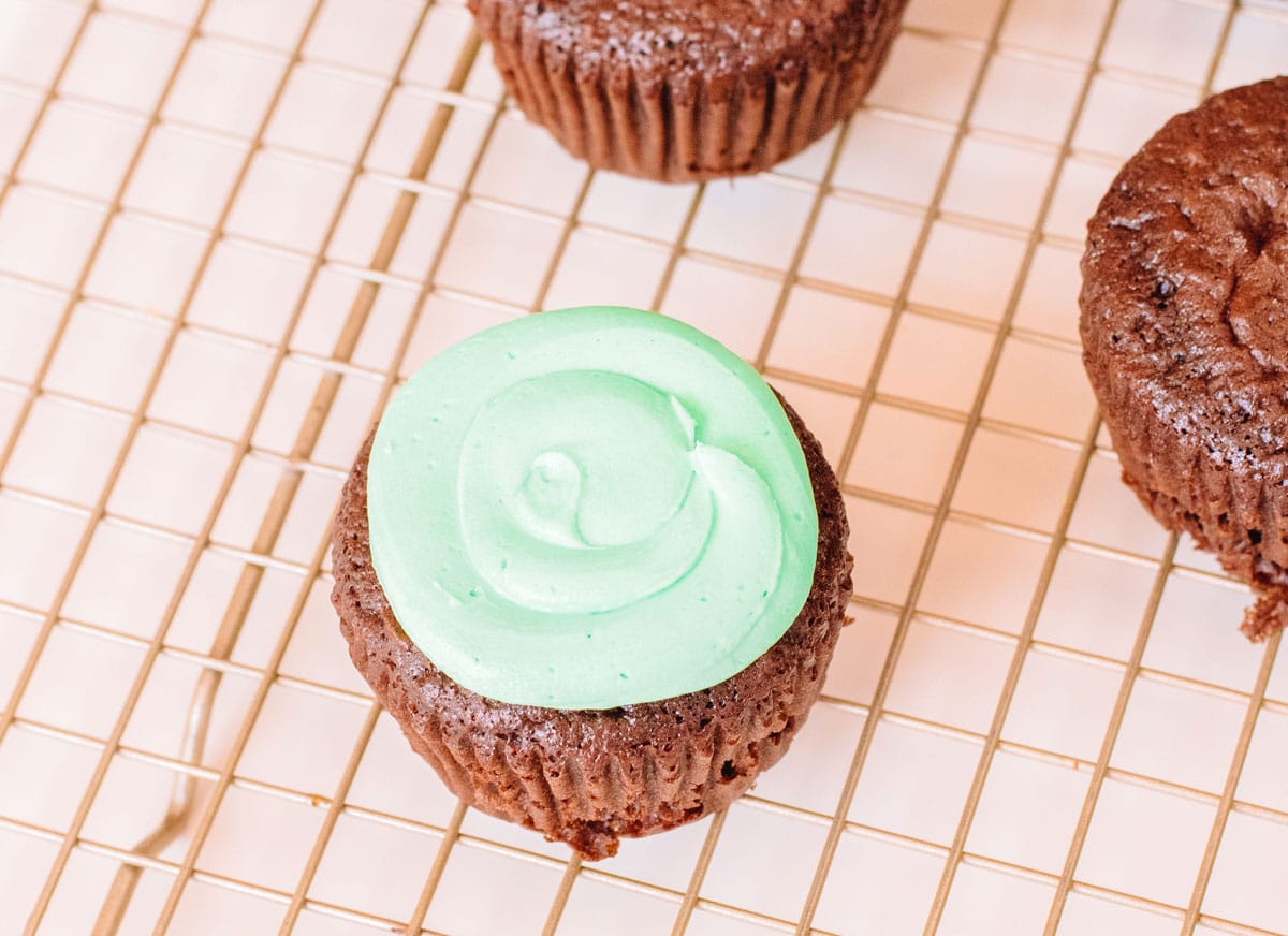 icing chocolate cupcakes with green icing