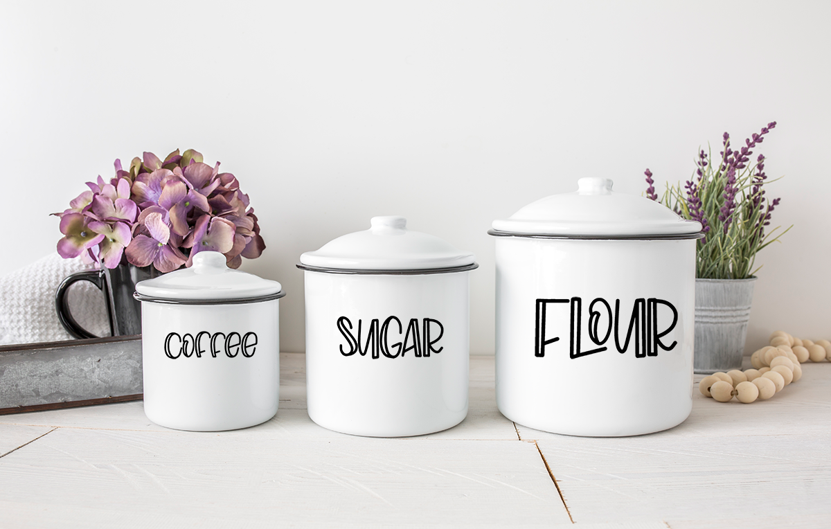 coffee, sugar, flour labels on household jars